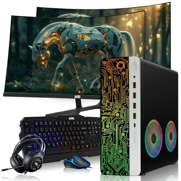 Restored HP Gaming PC Desktop Computer – AMD Pro A10-9700,RX 550 Graphics ,16GB RAM,1TB SSD,Dual 24 Inch Curved Monitor,RGB Keyboard with AI Copilot ,Mouse,2X ARGB Fan WiFi,RGB Headphone,Windows 11 (Refurbished)