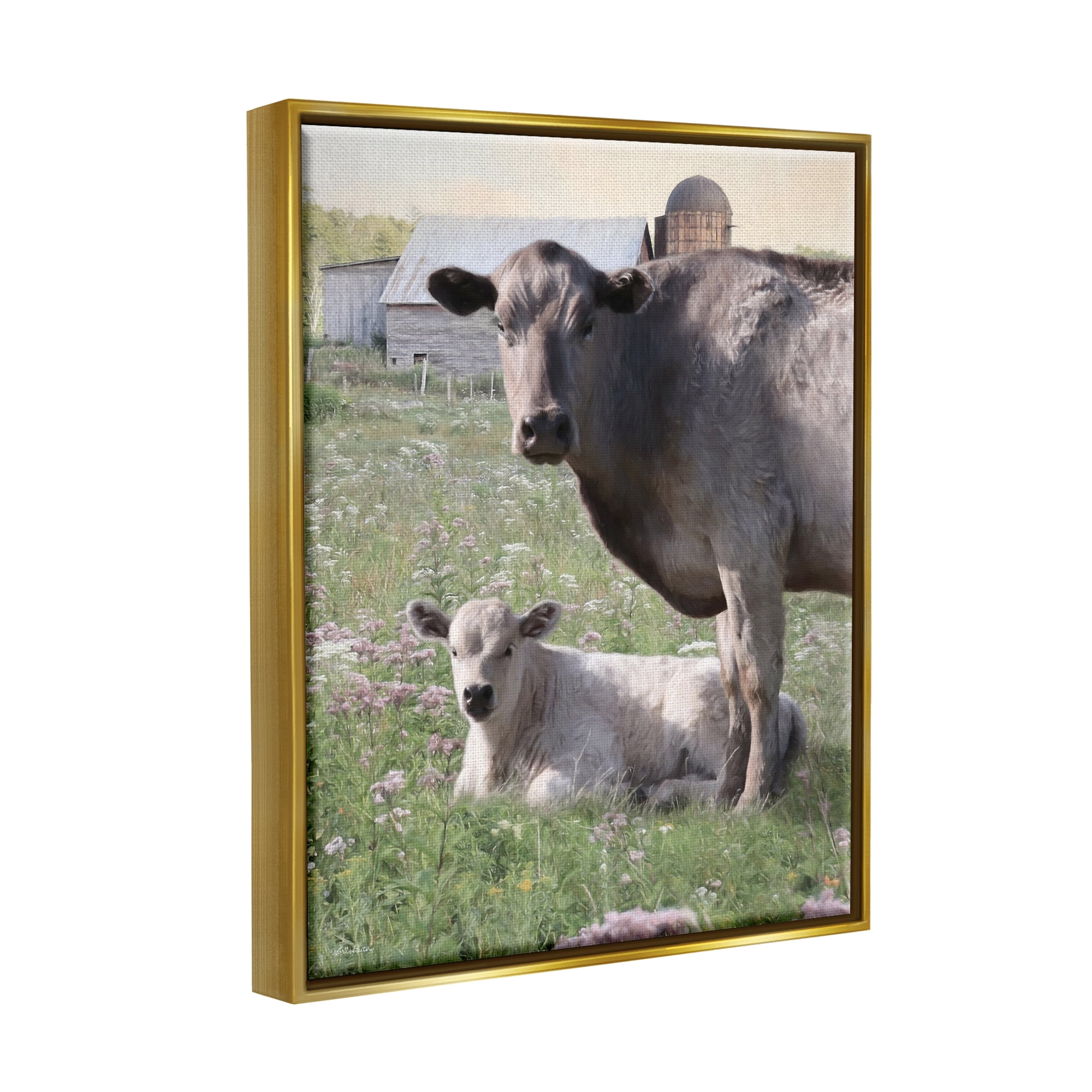 Stupell Country Cattle & Calf Farm Meadow Animals & Insects Photography Gold Floater Framed Art Print Wall Art