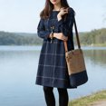 thumbnail image 5 of Quixlent Women's Vintage Plaid Dress Casual Long Sleeve Cotton Linen Dress Fall Loose Fit Checkered Crew Neck Tunic Midi Dress, 5 of 8