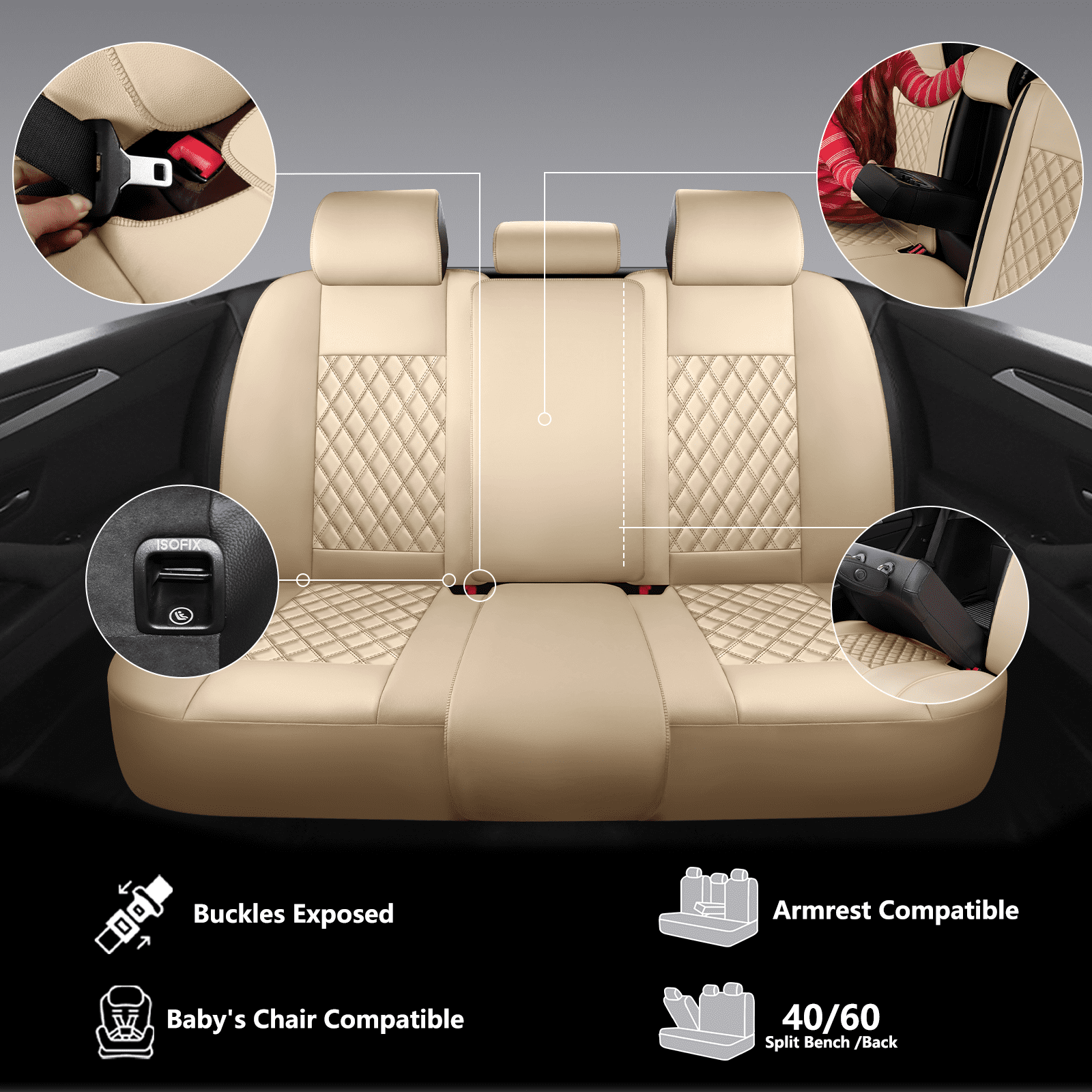 NS YOLO Premium Leather Car Seat Covers Full Set,Universal Fit for Cars,Trucks&SUVs,Waterproof Car Seat Cushion,Full Coverage Car Seat Protector with 5 Seats,beige