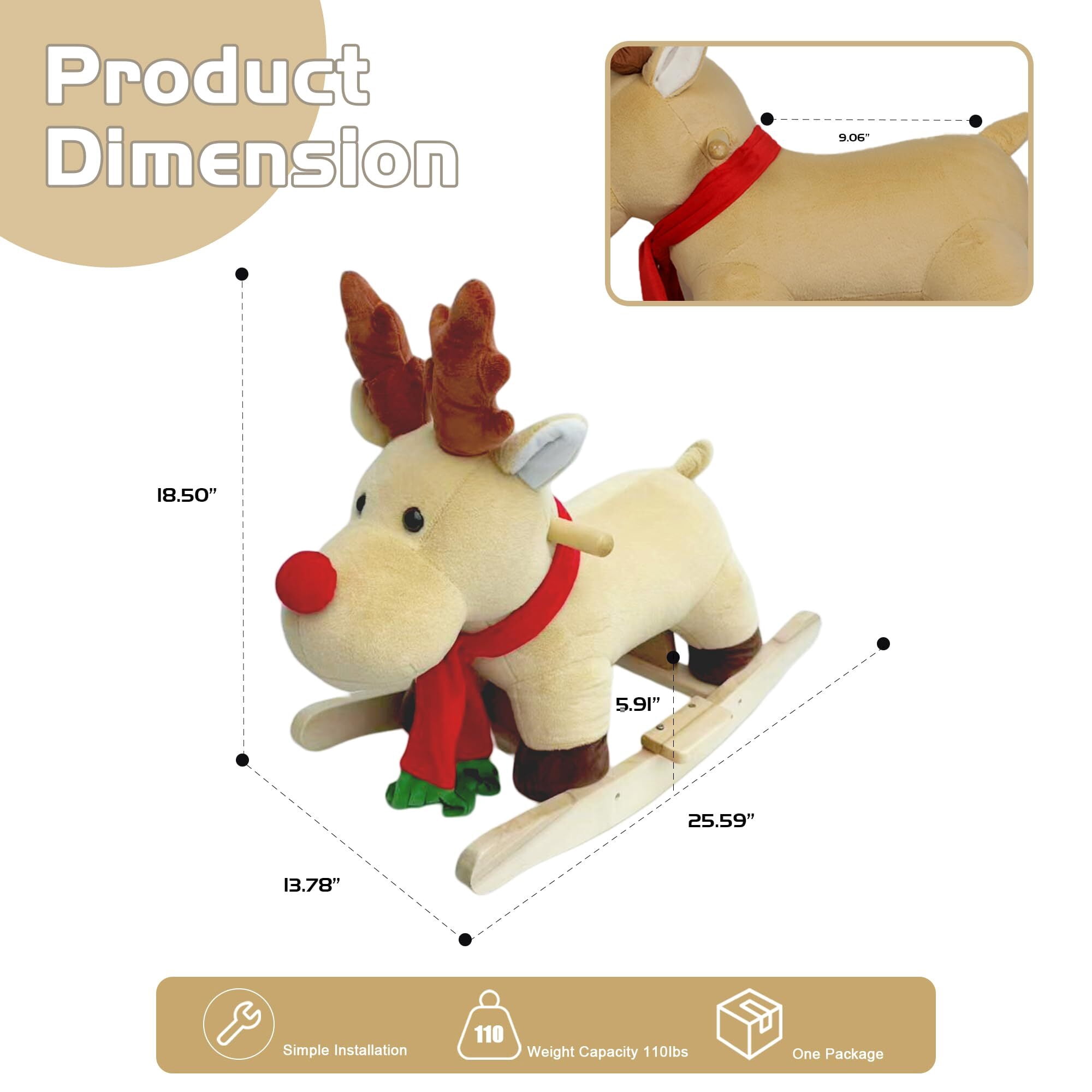 DIPU-Home Moose Ride-On Rocking with Lullaby Song, Hand Puppets, Safety Belt, Plush Rocking Horse for Ages 1-3, Interactive Kids Rocker, Apricot