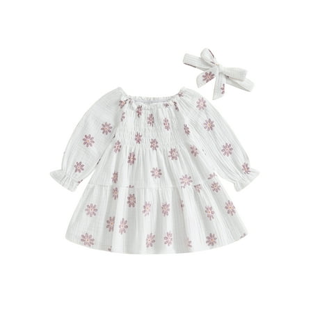 

Hirigin 2Pcs Outfits Dress Long Sleeve Floral Dress with Headband for Baby Girl