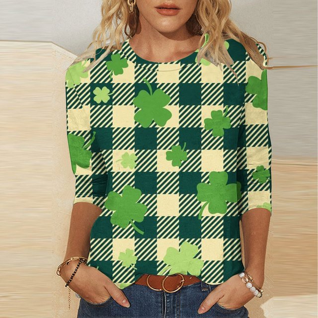 Meichang T-Shirts à Manches 3/4 pour Femmes Joyeuse Saint-Patrick Hauts Verts Trèfle Graphique T-Shirts Coupe Ample Col Rond Mignons T-Shirts Blouses Hauts Irlandais