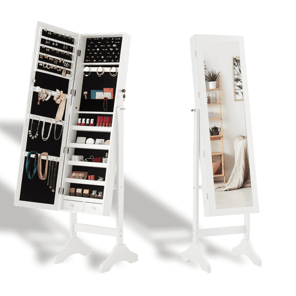 Blazezo Freestanding Jewelry Armoire Cabinet, 47.3-Inch Lockable Jewelry Cabinet, Large Capacity Organizer with Velvet Lining for Earrings, Necklaces, Rings