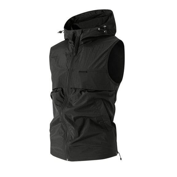 Men's Windproof Lightweight Golf Vest Hooded Sleeveless Outerwear Pockets, Casual Breathable Packable Outdoor Utility Jacket