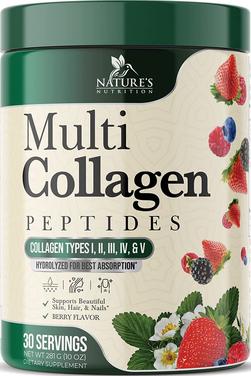 Nature's Nutrition Collagen Powder - Hydrolyzed Collagen Peptides for Hair, Nails, Skin and Joints Support - High Absorption, Berry Flavor, Gluten Free - 30 Servings