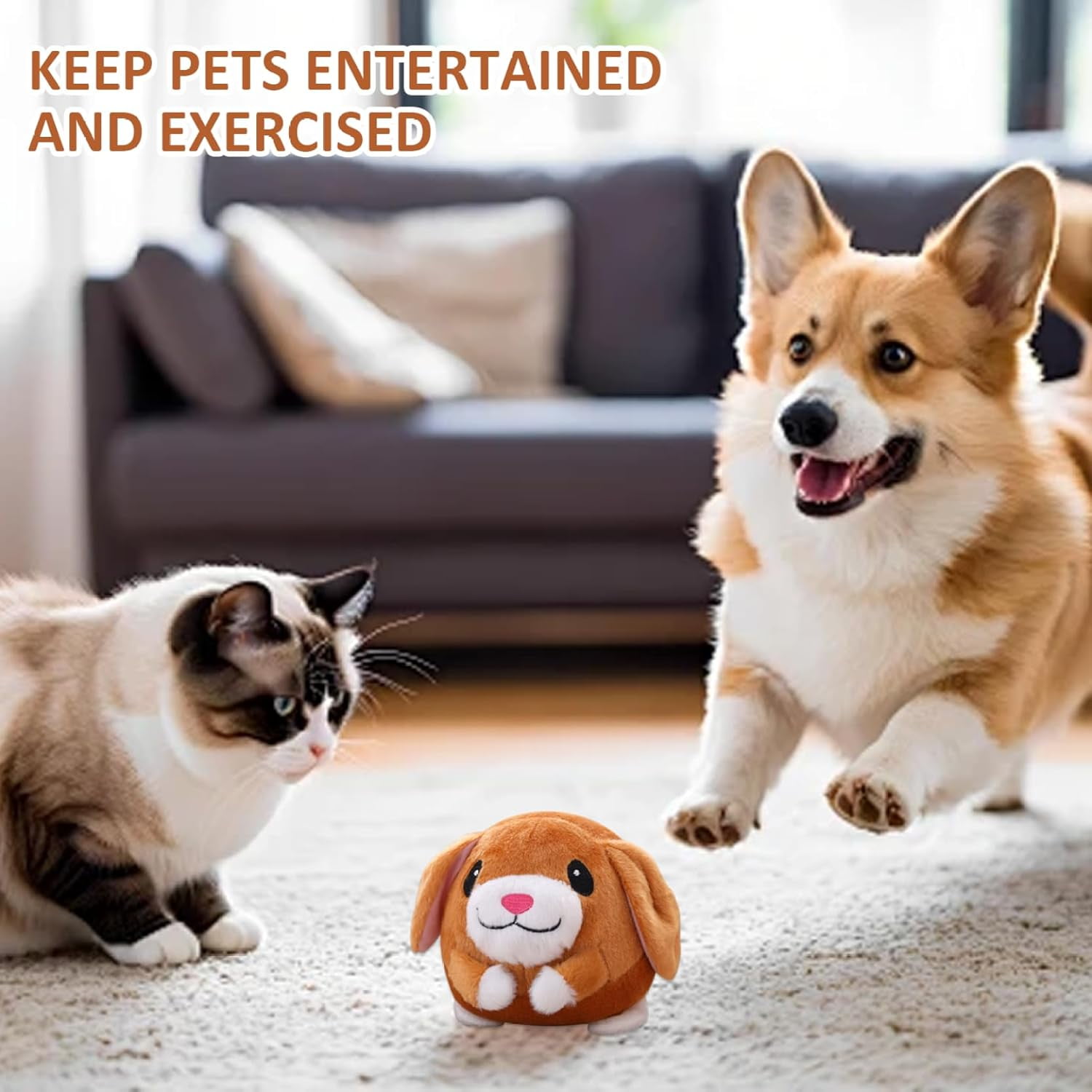 USB Rechargeable Interactive Bounce Dog Toy Plush Moving Pet Ball with Recording and Music Mode to Keep Dogs Busy Toy for Small Medium Puppies Indoor Play