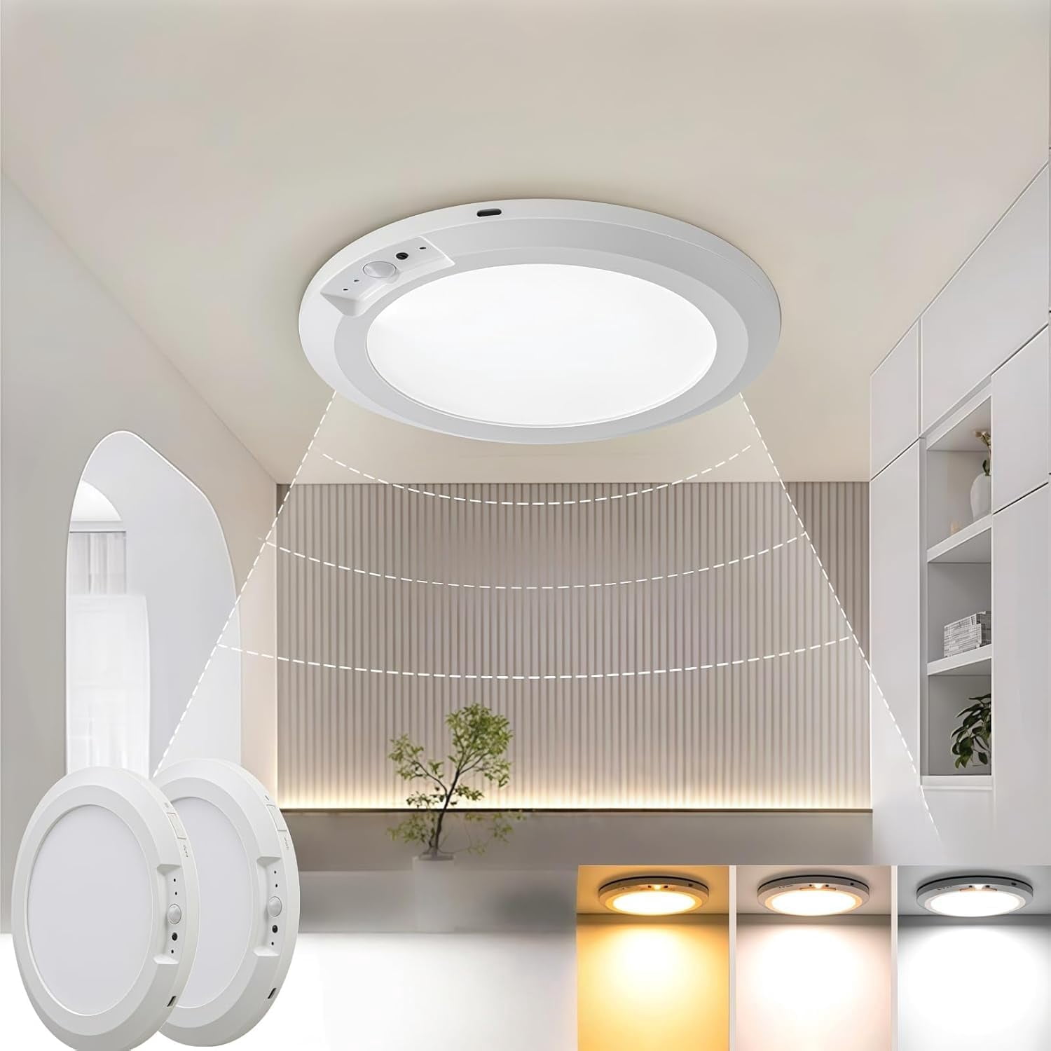 2026 New Rechargeable Motion Sensor Ceiling Light with Remote, Magnetic Ceiling Light, 3 CCT Dimmable & Magnetic Mount, for Shower Closet Hallway, Shed, Pantry (2PCS)
