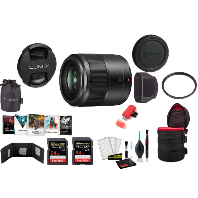 Panasonic Lumix G Macro 30mm F/2.8 ASPH. MEGA O.I.S. Lens with 2x 64 Memory Cards and More (International Model)