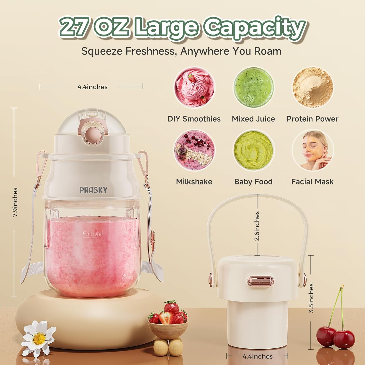 PRASKY 2-in-1 Portable Blender, BPA Free 27oz for Juicer, Smoothies and Shakes (White)