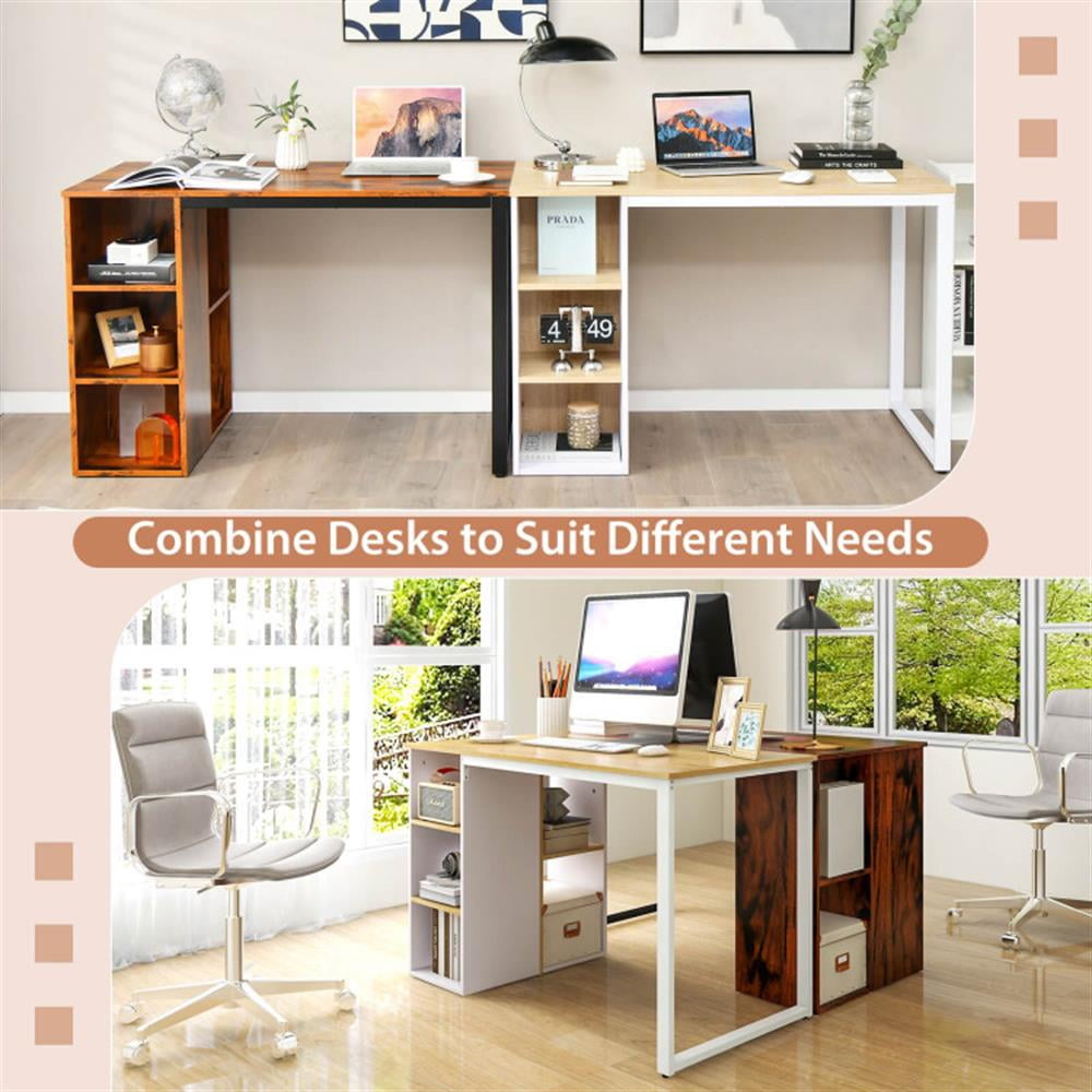 Demi Bonn Computer Desk with 5 Side Shelves and Metal Frame, Small Home Office Desk Study Writing Table, Brown