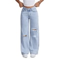 thumbnail image 1 of Pantalones vaqueros rasgados de talle alto y pierna ancha Y2K holgados for novio, pantalones versátiles de mezclilla desgastados, 1 of 7