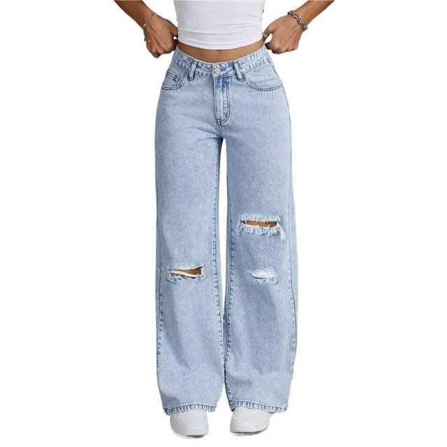 Pantalones vaqueros rasgados de talle alto y pierna ancha Y2K holgados for novio, pantalones versátiles de mezclilla desgastados