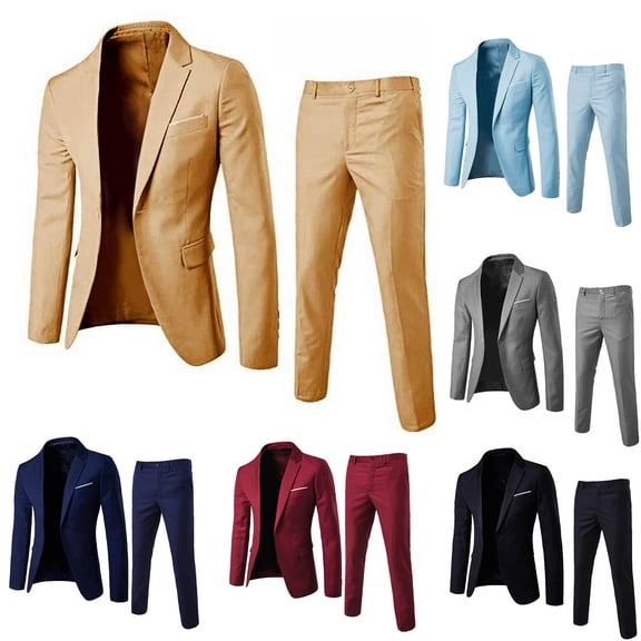 Joernso 1 Set Men Blazer Pants Solid Color Long Sleeve Slim Fit Turndown Collar Temperament One Button Pockets Suit Set Men Clothes