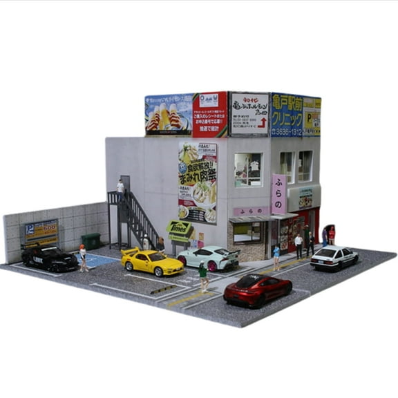 Diorama 1:64 Scale Car Garage Model, LED Lighting City Street Japanese Commercial Building Scene Display Model, Collection Storage Model Toys