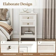 CozyHome Farmhouse Nightstand, Boho Bedside Table with 2 Rattan Decor Drawers, Accent End Table with Open Storage Shelf, for Bedroom, Living Room, Home Office, Grayish White