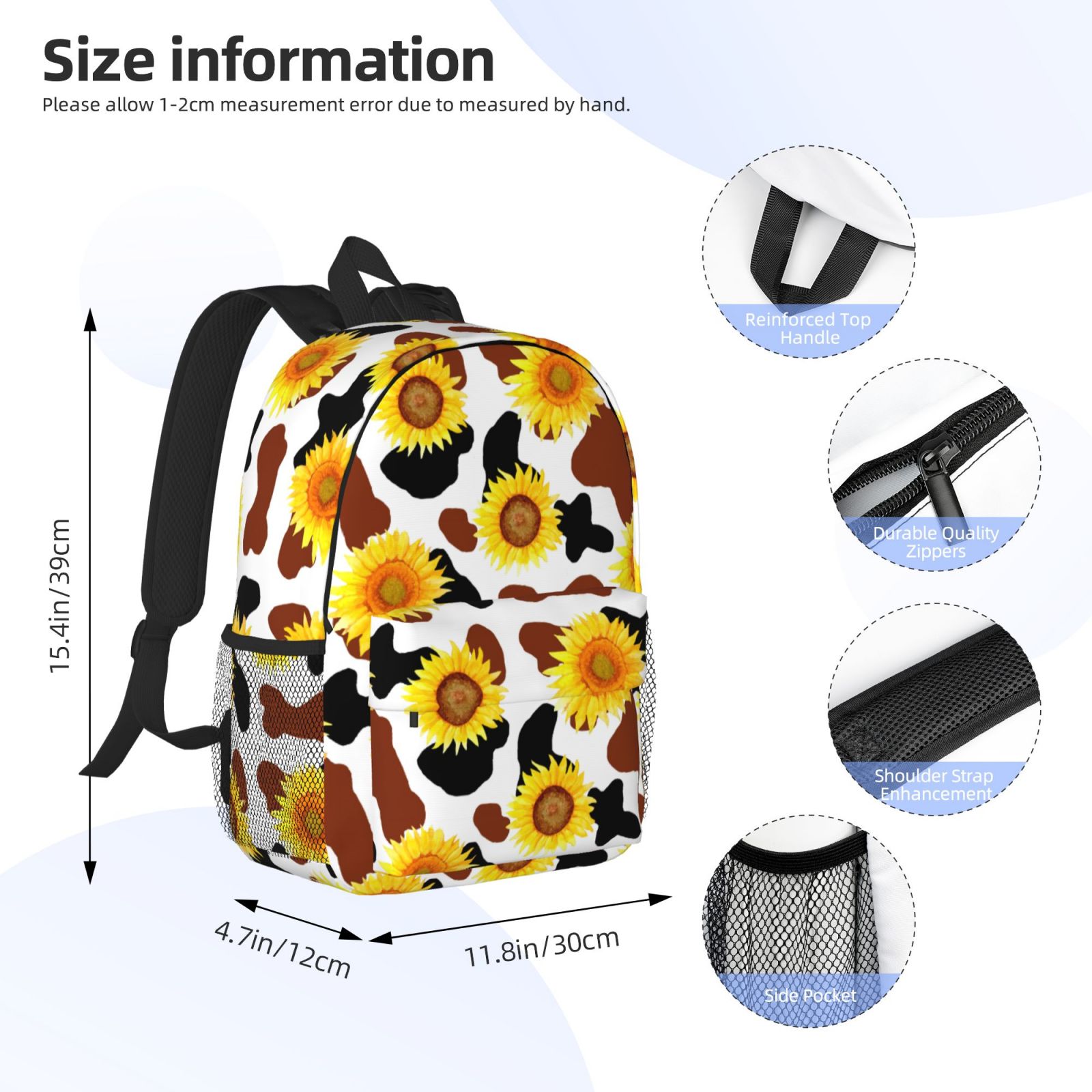 Rateoe Cow Print Sunflower Pattern Student Backpack Water-resistant Backpack 15-inch Laptop Backpack Lightweight Adjustable School Backpack