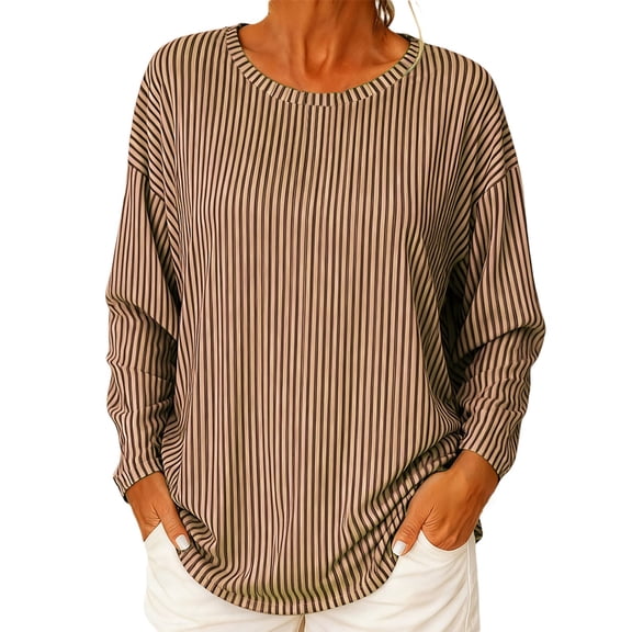 DHFJKG Loose Fit Casual Long Sleeve T Shirt Women Round Neck Pullover Top Stylish Striped Printed Daily Wear Work Dressy Blouses Comfortable Tops