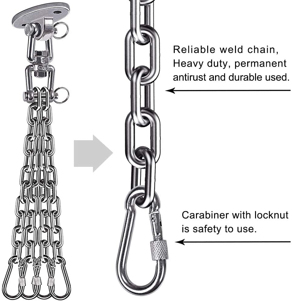 Z/G Stainless Steel 304 Heavy Duty Boxing Punching Bag Chain Permanent Antirust 800 LB Capacity 360° Rotation Wood Beam Holder with 4 Chains and 4 Carabiners 1Wood Screws for Wooden Sets 
