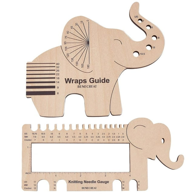 2 unidades de medidor de agujas de tejer de madera con forma de elefante, guía para envolver hilo, herramienta de tejido para hilanderos, accesorios de ganchillo para medir hilo