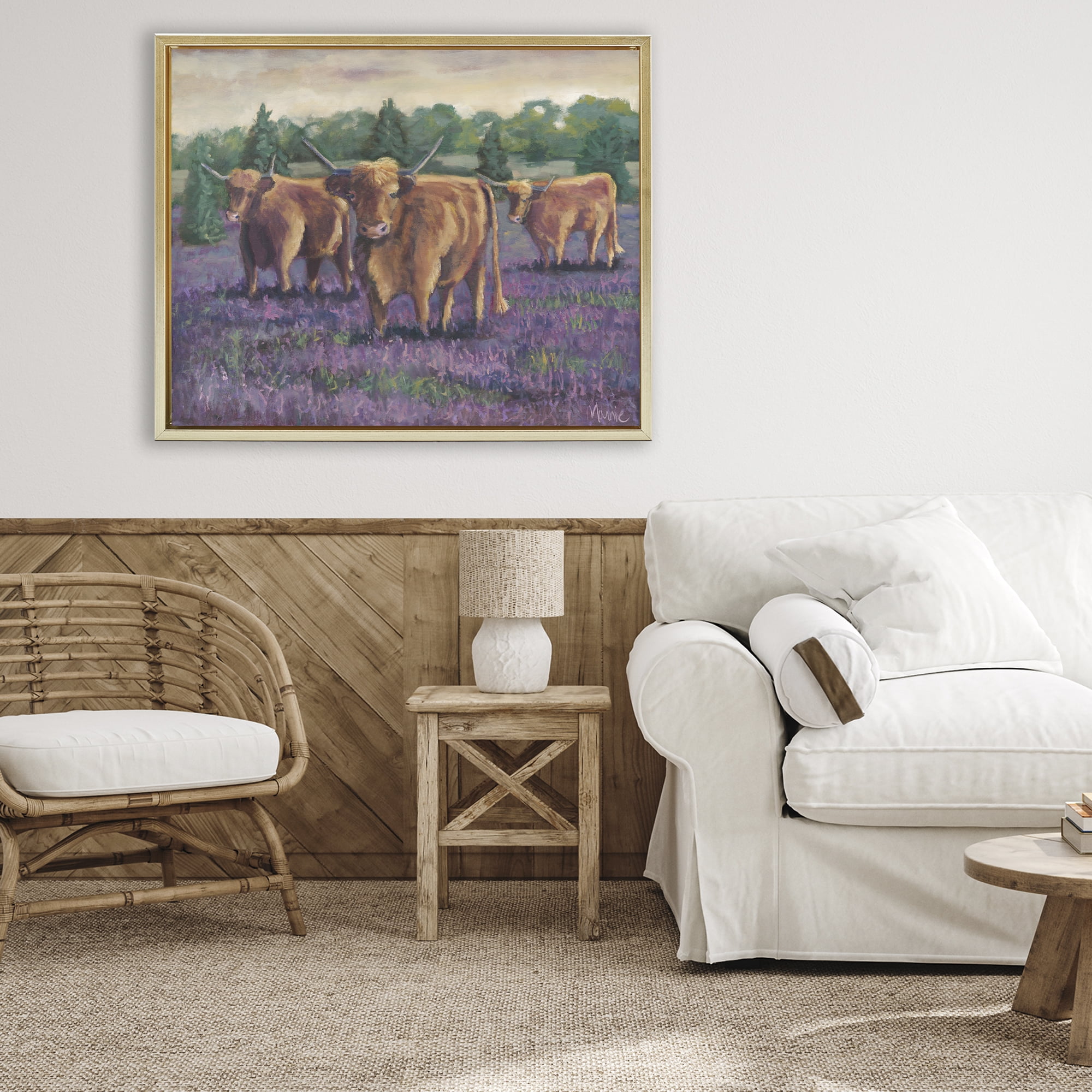 Purple Fields & Cows Gold Framed Floater Canvas Wall Art, design by Marnie Bourque