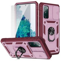Dteck Samsung Galaxy S20 FE Case with Glass Screen Protector, Slide Camera Lens Protector Cover Ring Holder Kickstand Rugged Shockproof Case for Samsung Galaxy S20 FE 5G, Pink/Red