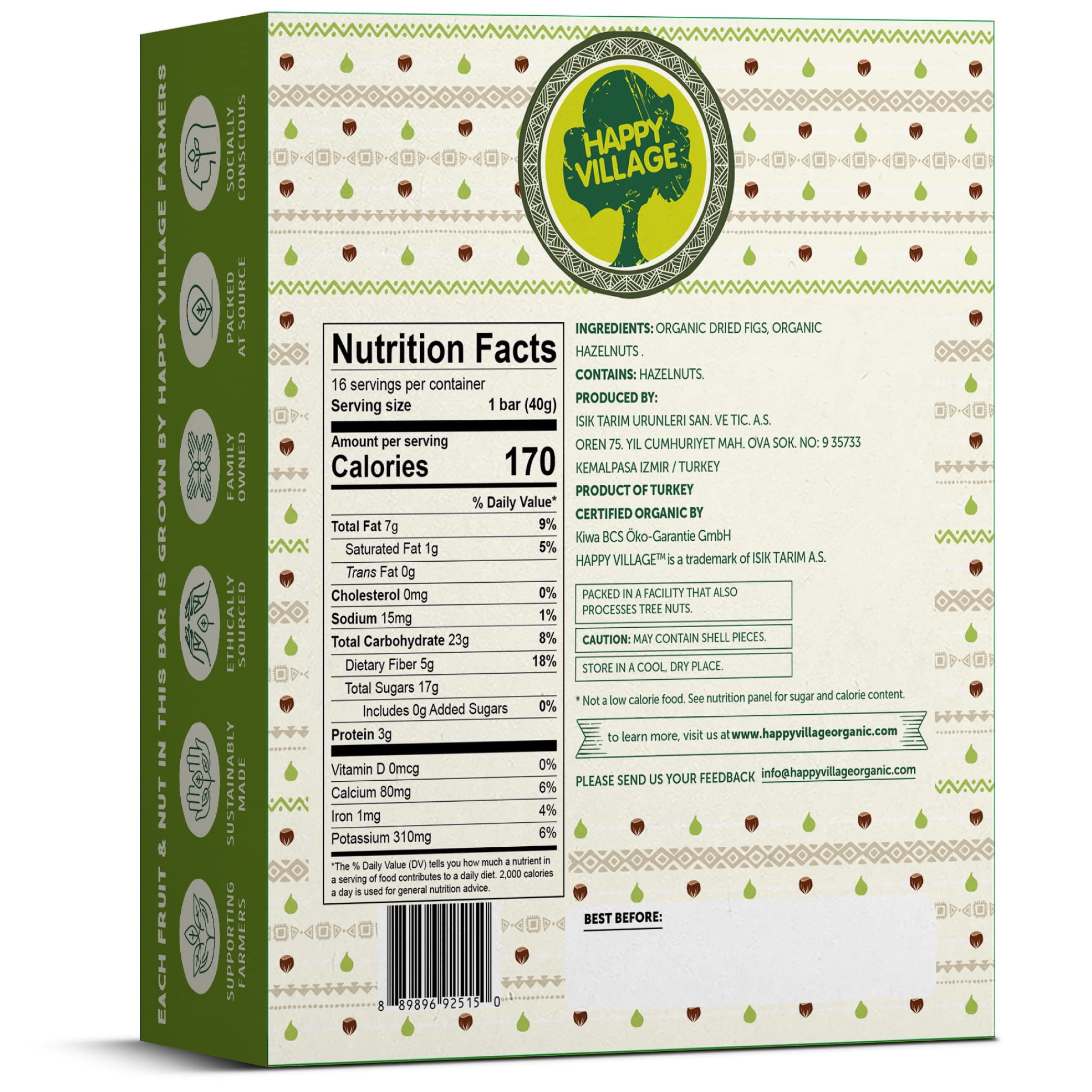 Happy Village Organic Fig & Nut Bars, Original Fig | Gluten Free, No Refined Sugar, Vegan, Non-GMO | 16 Bars x 1.4 oz each, Carton box
