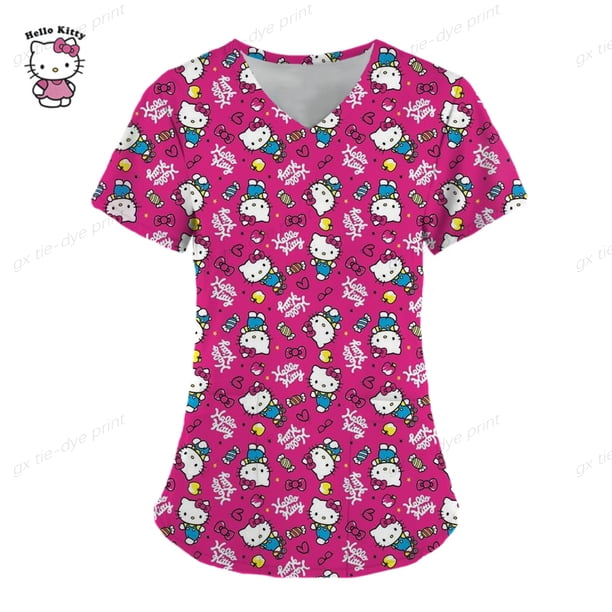 Ropa de mujer, camiseta de verano, camisetas de Hello Kitty, camiseta con cuello en V, camisetas con bolsillos, uniforme de enfermera, camisetas de Hospital, camisetas para mujer 2023
