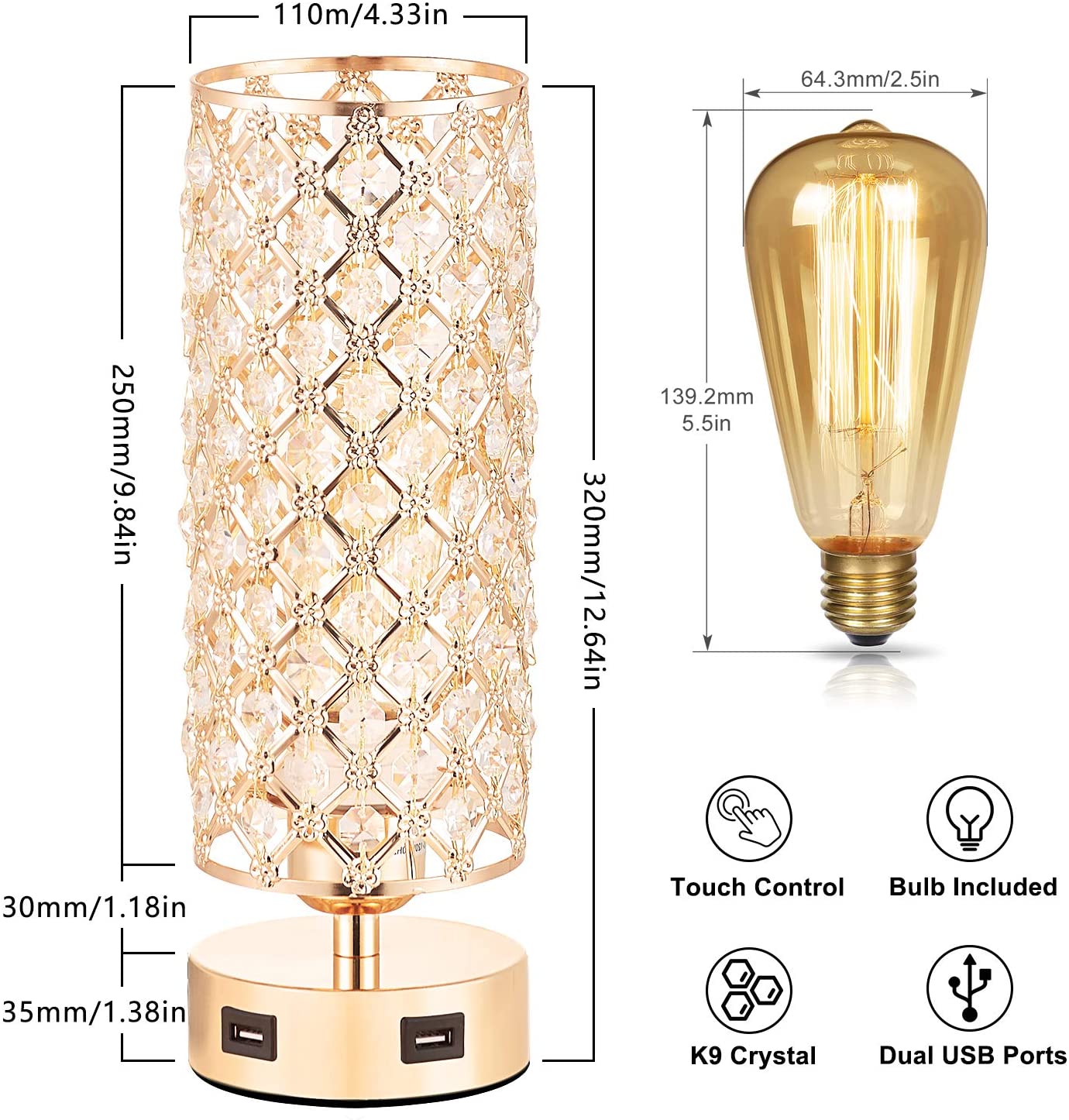 Touch Control USB Crystal Small Lamp, Dimmable Nightstand Lamp with Dual USB Port, 3-Way Gold Crystal Lamp with Bulb, Bedside Desk Light for Bedroom Living Room Entryway Home Office(Bulb Included) - image 5 of 7