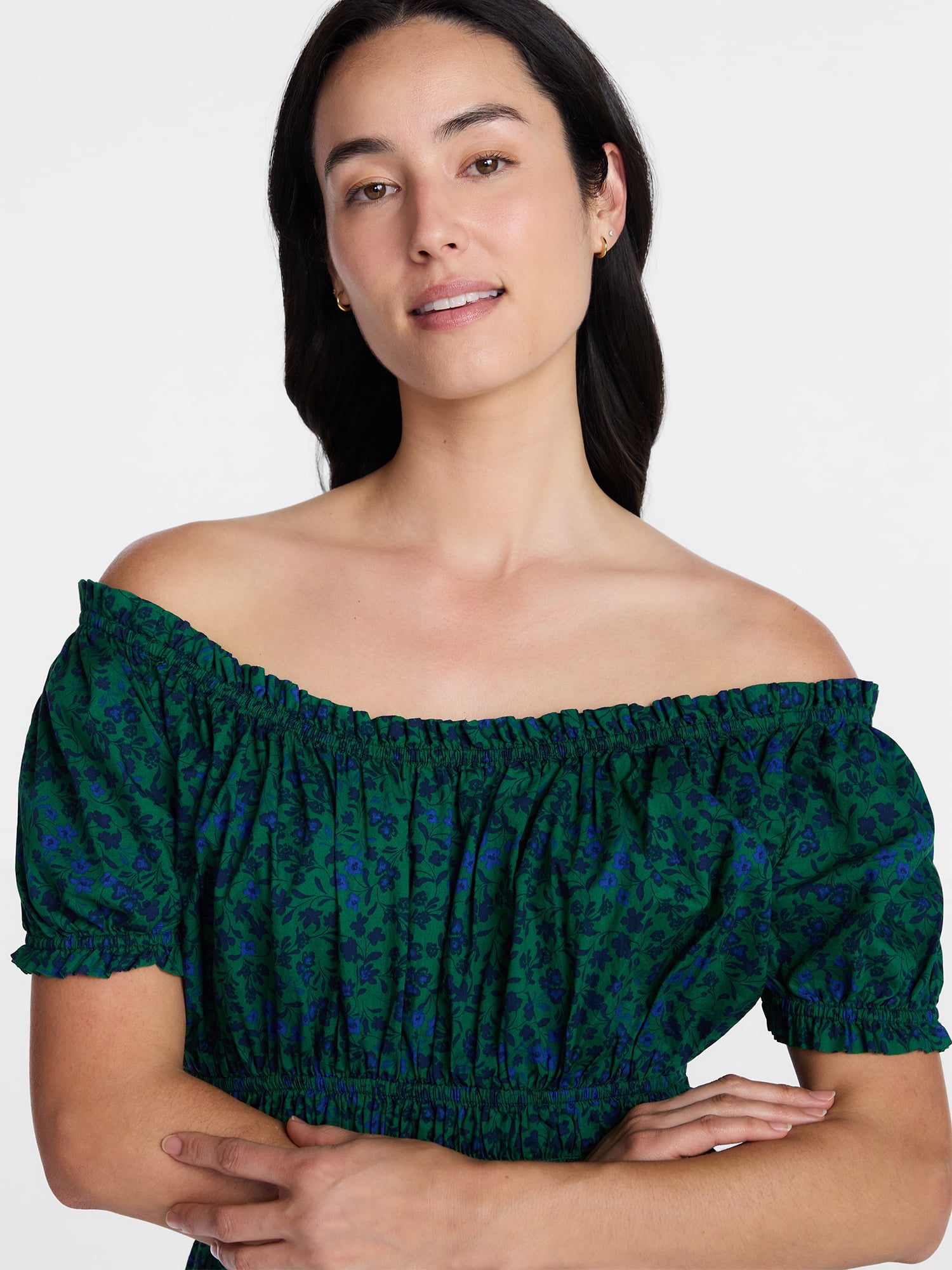 Time and Tru Women's Cotton Peasant Mini Dress With Puff Sleeves, Sizes XS-4X