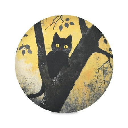 

WOBOGO Black Cat on Branch Round Placemats Set of 6 Heat Resistant Washable Kitchen Table Decorations 15.4in