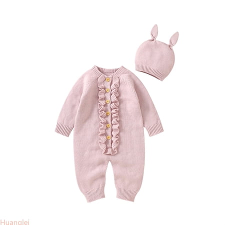 Huanglei Easter Baby Boy Girls Knit Romper Jumpsuit With Hat Cute 2PCS Outfits Set For 3-6 Months Pink