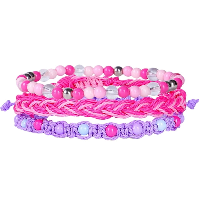 3Pcs Bohemia Style Handmade Braid Bangles Bracelets Wrap Jewelry Beautiful Charm Bracelets (Pink)