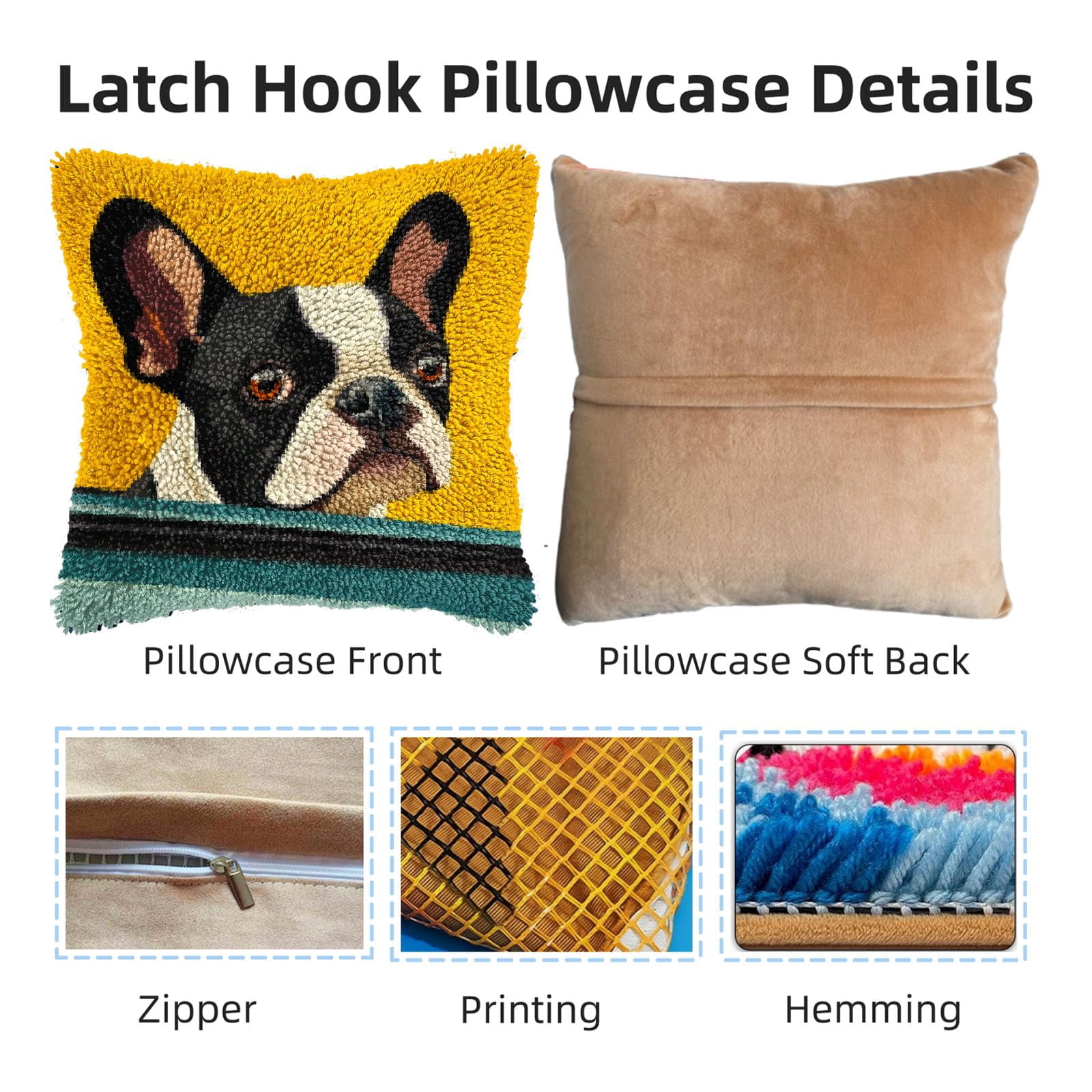DIY Latch Hook Pillow Kits for Adults Cute Boston Terrier Dog in Car Printed Pillowcase Crochet Yarns Hooking Handmade Pillow Cover Cushion for Home Sofa Decoration 17x17inch(3)