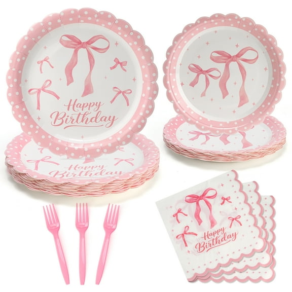 96 Pcs Birthday Plates and Napkins Party Supplies, Pink Happy Birthday Party Paper Plates and Napkins Sets for Kids, Serve for 24 Guests, Bow Dots