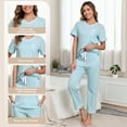 thumbnail image 5 of EA'S SECRET Pajamas for Women Set V Neck Short Sleeve Lounge Set Elastic Waistband Sleepwear with Long Pants 2 Piece Pjs (Sea Salt Blue,S), 5 of 9