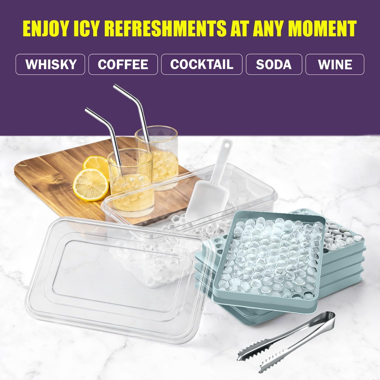 0.55in Mini Ice Cube Trays - Tiny Pebble For Iced Coffee & Fast Chill  Easy Twist Release Stackable With Lid Storage Bin Tongs 2 Straws (4 Pack Blue)