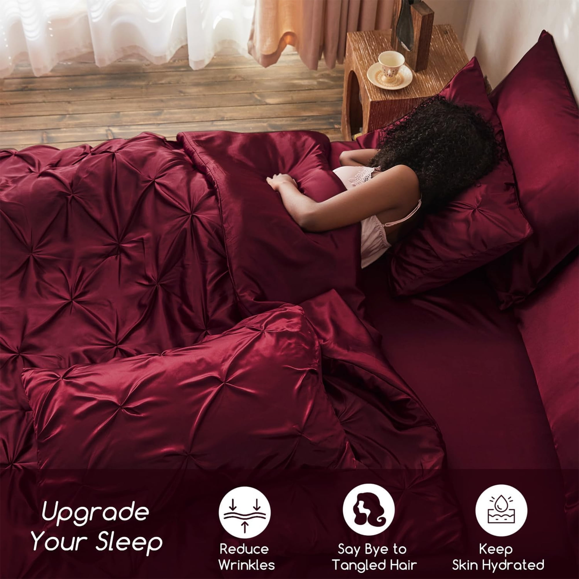 MR&HM Satin Comforter Set 7 Pieces King Size - Luxurious Pinch Pleat Bed in a Bag with Satin Comforter, Satin Sheets, Satin Pillowcases & Shams, Silky Soft Bedding Set for All Seasons (Burgundy)