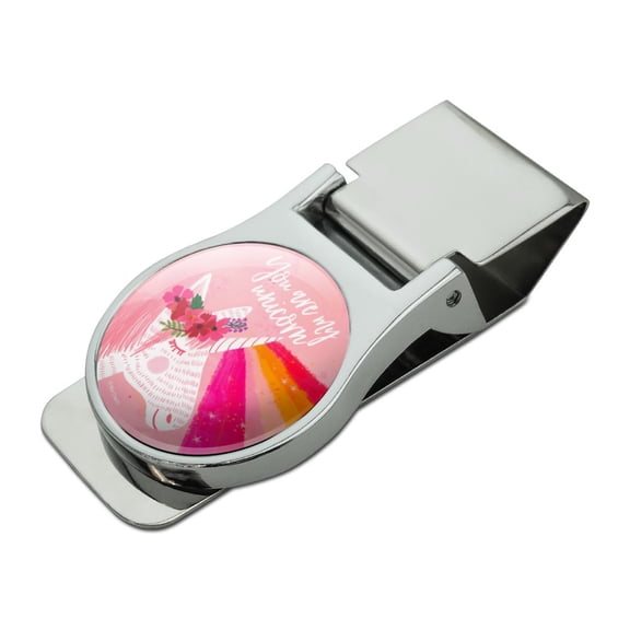 You are my Unicorn Flowers Rainbow Horn Satin Chrome Plated Metal Money Clip