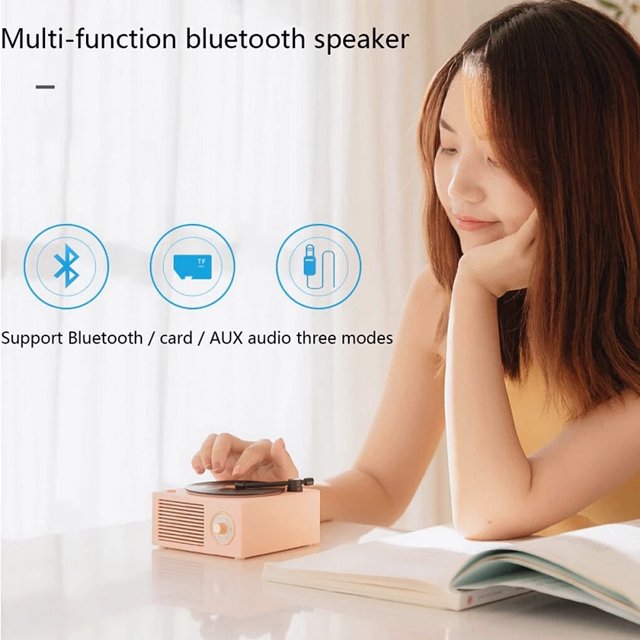 Langgg Turntable Universal Multicolor Wireless Speaker Stereo Sound Box Charging Record Player Home Studio Desktop Hotel Shop Pink