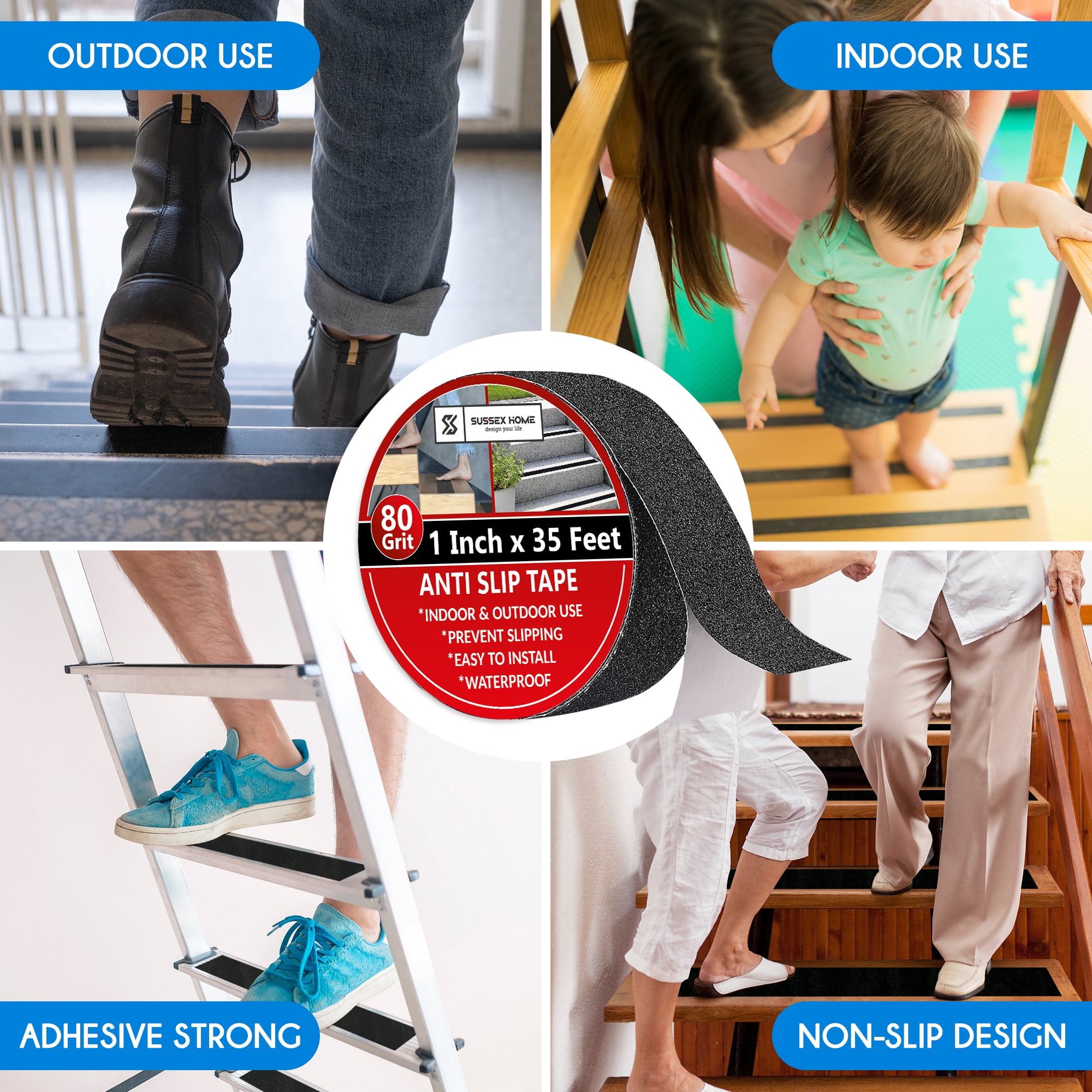 Non-Slip Grip Tape - Waterproof Non-Skid Adhesive Tape For Stairs, - Heavy Duty PEVA Safety Anti Slip Tape For Indoor & Outdoor Use - 1"X35' Roll, Black