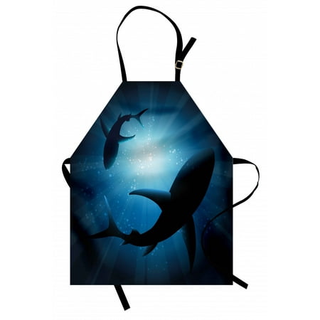 

Shark Apron Silhouette of the Fishes Swimming at Twilight Night Moon Mystic Magical Sea Scenery Unisex Kitchen Bib Apron with Adjustable Neck for Cooking Baking Gardening Dark Blue by Ambesonne