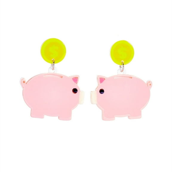 Pink Pig Dangle Drop Earrings for Women Acrylic Piggy Animal Pet Simulated Coin Dangling Earring