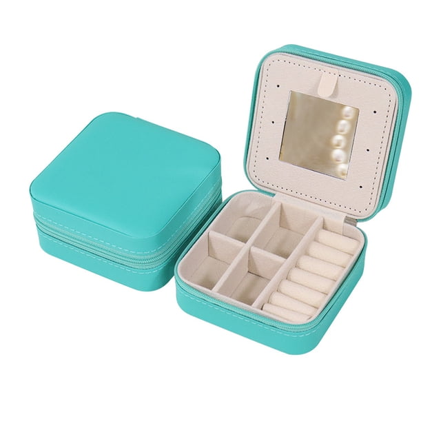 Estuche de viaje para joyería con espejo, joyero portátil, caja de almacenamiento portátil para anillos, pendientes, collares, regalos (azul)