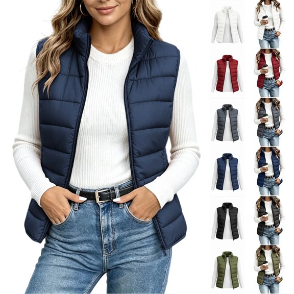 Womens Cropped Puffer Vest Stand Collar Zip Up Padded Sleeveless Jacket with Pockets Winter Warm Outerwear Coat for Fall Winter Outdoor Casual Daily Wear