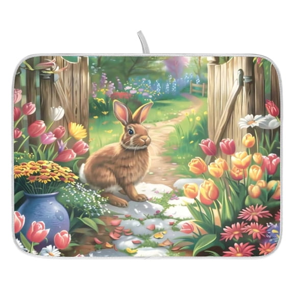 Dish Drying Mat for Kitchen Counter 16x18/18x24 Easter Rabbit Absorbent Coffee Bar Mat Dish Drainer Rack Mat for Kitchen Counter
