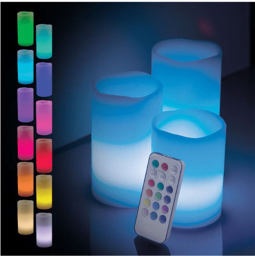 Enbrighten Basics Flameless Flickering LED Candles, Battery Operated, Color Changing, Remote Included, Perfect for Home décor, Special Occassions, 3 Piece Set