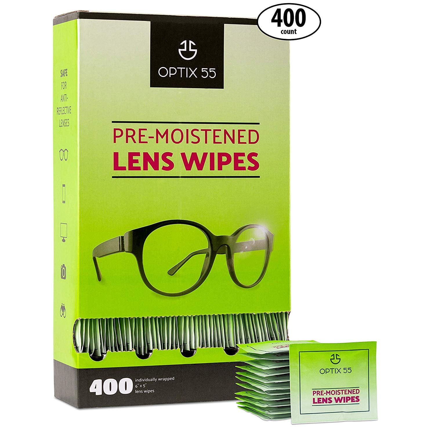 Pre-Moistened Lens Wipes - 400 Individually Wrapped Cloths - Eyeglasses
