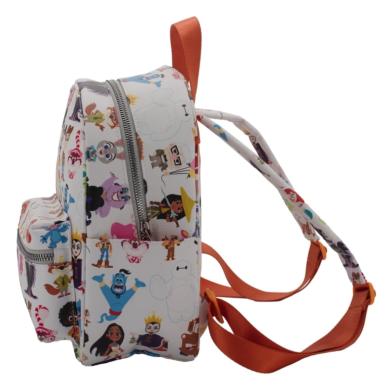 cc for disney faux leather backpack Disney Mini Backpack Purse with Multi Character Allover Print & Molded Metal Logo Charm, 10.5 Inch, Adjustable Straps, Faux Leather