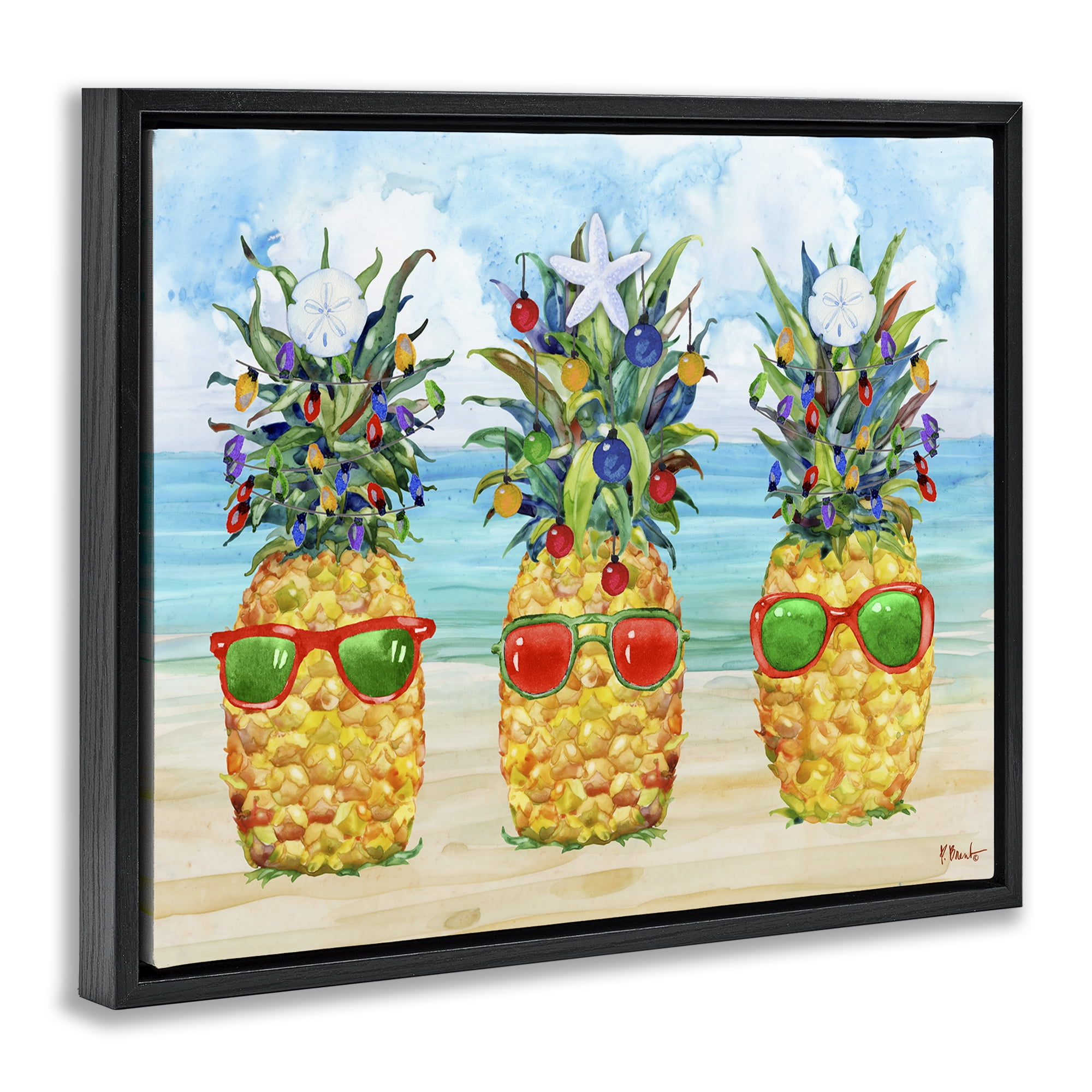 Stupell Industries Christmas Themed Pineapples Holiday Painting Black Floater Framed Art Print Wall Art, 21 x 17